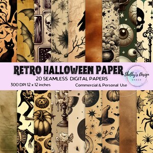 Könnte beinhalten: Eine Sammlung von 20 nahtlosen digitalen Papieren mit Retro-Halloween-Motiven. Die Papiere zeigen verschiedene gruselige Illustrationen, darunter Fledermäuse, Totenköpfe und Kürbisse. Jedes Papier ist 30,48 x 30,48 cm groß und für den kommerziellen und persönlichen Gebrauch geeignet.