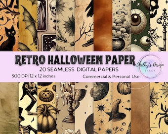 Halloween Vintage Seamless Digital Paper Bundle, Retro Grunge Scrapbook Pages, Spooky Ghosts, Skulls, Bats, Digital Download