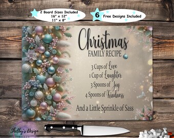 Christmas Family Recipe Cutting Board PNG Sublimation Design, Xmas Kitchen Quote, Pastel Holiday Scene, Cutting Board, Digital Download