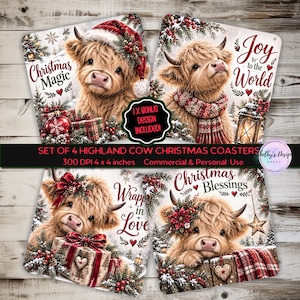 May include: A set of four square coasters featuring illustrations of Highland cows in winter settings. The designs include text reading Christmas Magic, Joy to the World, Wrapped in Love, and Christmas Blessings, with festive accents like gifts, scarves, and holly.