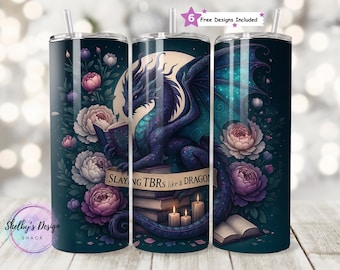 Slaying TBRs Like a Dragon 20oz Seamless Tumbler PNG, Fantasy Bookish Sublimation Design, Reading Dragon Aesthetic, Digital Download