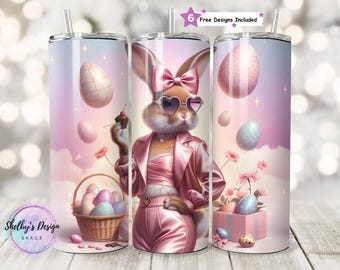 Vaso sin costuras de 20 oz con diseño de conejo de coqueta PNG, envoltura de sublimación de conejo de Pascua glamoroso, estética rosa pastel, conejito vintage elegante, descarga digital