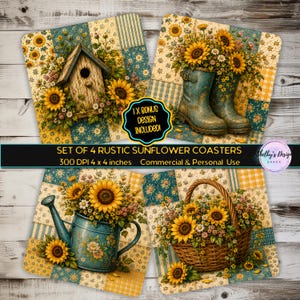 May include: A set of four square coasters featuring sunflower designs on a patchwork background. The images include a wooden birdhouse, teal rain boots, a teal watering can, and a woven basket, all filled with sunflowers and small flowers.