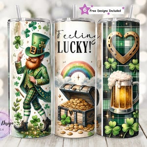 May include: Six different designs for a tumbler featuring a leprechaun, a pot of gold, a rainbow, a shamrock, a heart, and a beer mug. The text "Feeling Lucky!" is on one of the designs.