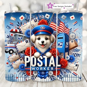 Chiot mignon postier sans couture 20 oz skinny gobelet Wrap Sublimation Design, joli facteur, appréciation postale, téléchargement numérique PNG