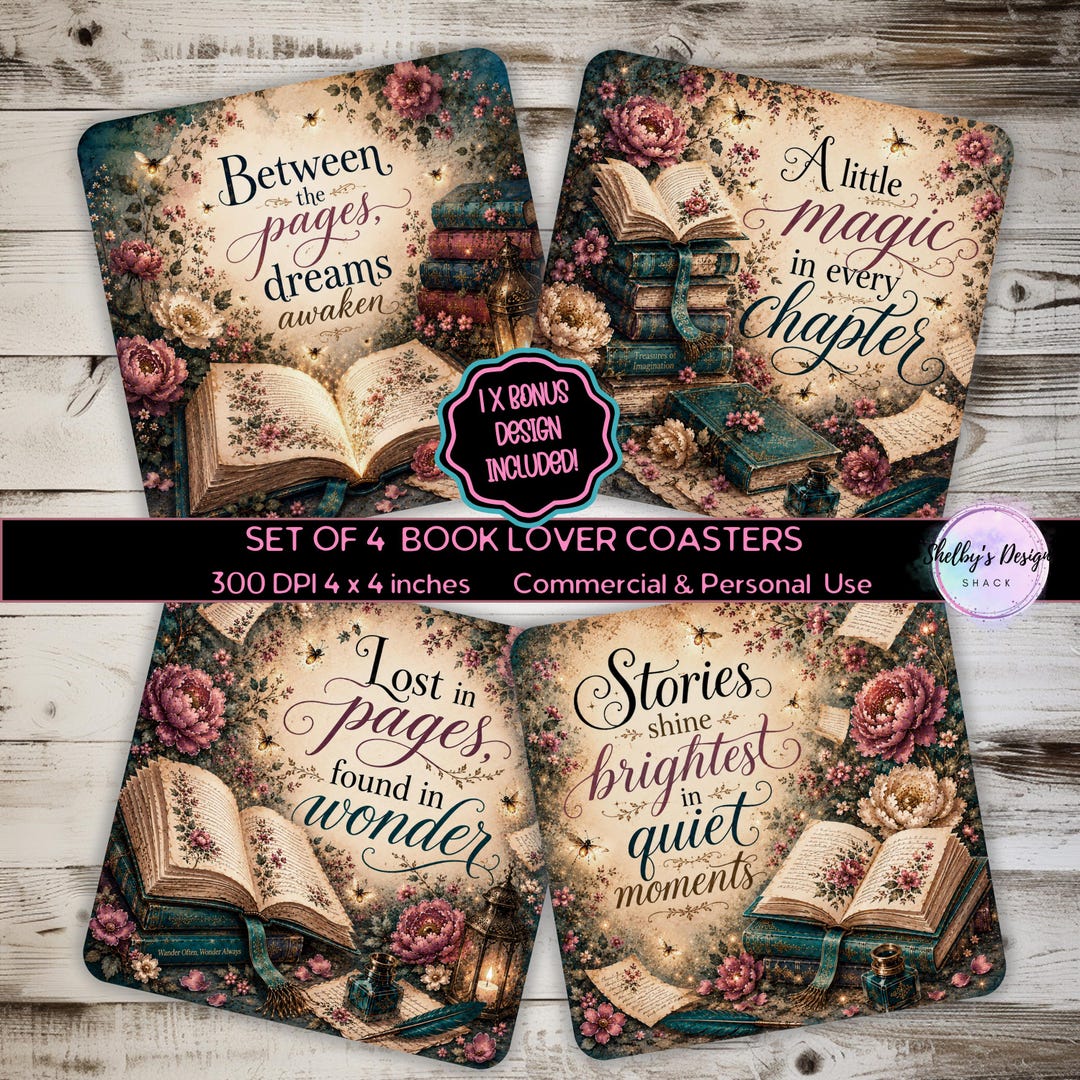 Book Lover Coaster Set PNG Sublimation Design Bundle, Fantasy Bookish ...