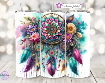 Vibrant Boho Dreamcatcher 20oz Seamless Tumbler PNG, Floral Boho Sublimation Design,  Spring Vibes Feathers & Flowers Digital Download