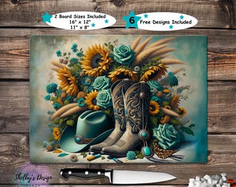 Western Cowgirl Cutting Board PNG Sublimation Design, 2 sizes, Sunflowers & Teal Roses, Boots, Hat Glass Chopping Board,  Digital Download
