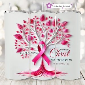 Bröstcancermedvetenhet Filipperbrevet 4:13 20oz Tumbler wrap, Rosa bandet Livets träd, Kristen tro citat, Inspirerande smal tumbler
