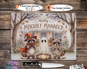 Halloween Raccoons Kitchen Cutting Board PNG Sublimation Design, Mischief Managed Chopping Board, Glass Cutting Board, Digital Download