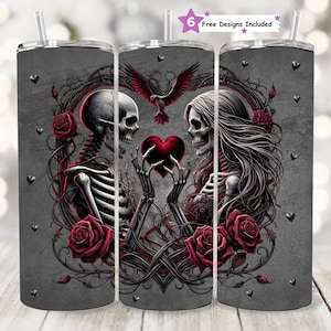 Gothic Valentine Skeleton Lovers 20oz Seamless Tumbler Wrap PNG, Dark Valentine Sublimation, Red Heart Romance Design, Digital Download