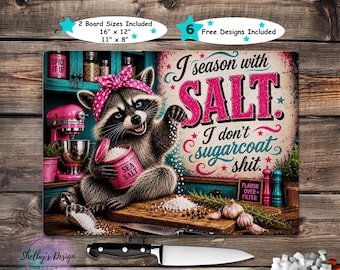 Funny Raccoon Cutting Board PNG Sublimation Design, Sarcastic Kitchen Chopping Board, Season With Salt Glass Cutting Board, Digital Download