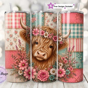 May include: Three stainless steel tumblers with floral and patchwork designs. Each tumbler features a different pattern, including gingham, floral, and striped elements. The central tumbler showcases a Highland cow with a flower crown. The tumblers include a straw.