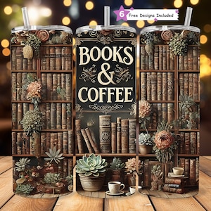 Cozy Books & Coffee Lover Bookshelves Plant Life Librarian Tumbler Wrap 20 oz, Cute Book Nook Skinny Tumbler Sublimation Digital PNG Design