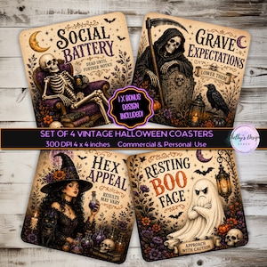 May include: A set of four square coasters featuring vintage-style Halloween illustrations. Designs include a skeleton in a chair, a grim reaper, a witch with a cat, and a ghost. Text includes Social Battery, Grave Expectations, Hex Appeal, and Resting Boo Face.