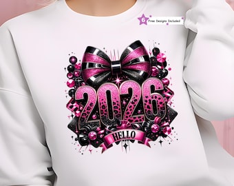Olá 2026 PNG, Coquette Rosa e Preto com Glitter para Sublimação - Design de Ano Novo, Estampa de Leopardo Glamorosa, Download Digital