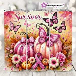 Pink Pumpkin Ribbon Awareness Breast Cancer Survivor Seamless Tumbler Wrap, 20 oz Skinny Tumbler Sublimation Design, PNG Digital Download