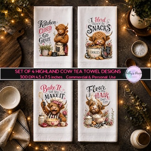 Highland Cow kökshandduksset PNG, söt rolig kökssublimeringsdesignpaket, citat om bondgårdsko, set med 4 designer, digital nedladdning