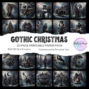 Könnte beinhalten: Ein digitales Papierpaket mit dem Titel "Gothic Christmas" mit 20 bedruckbaren Seiten. Die Bilder zeigen gotische Weihnachtsdekorationen und -szenen mit einer Auflösung von 300 DPI und Abmessungen von 30,48 x 30,48 cm.