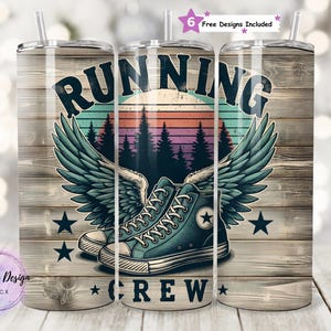 Running Crew 20oz Seamless Tumbler PNG, Vintage Running Shoes Sublimation Design, Forest Sunset Winged Sneakers, Digital Download