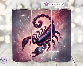 Tumbler avvolgente senza cuciture da 20 once con motivo zodiacale Scorpione, design PNG celeste, tumbler sottile senza cuciture con motivo a sublimazione, download digitale PNG