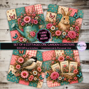 Puede incluir: Un juego de cuatro posavasos cuadrados con un fondo de patchwork de patrones florales rosas y verde azulado. Los diseños incluyen una regadera verde azulado con flores rosas, un conejo marrón, un pájaro pequeño y tres sobres de semillas.