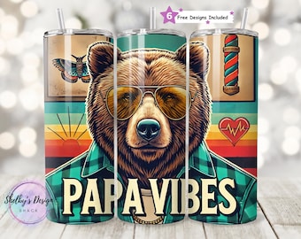 Papa Vibes 20oz Seamless Tumbler PNG, Retro Bear Dad Sublimation Design,  Father's Day Gift, Dad Life, Best Dad Ever, Digital Download