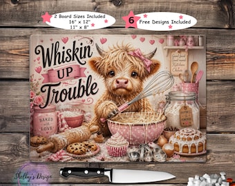 Whiskin Up Trouble Highland Cow Cutting Board PNG Sublimation Design, Funny Kitchen Chopping Board, Glass Cutting Board, Digital Download