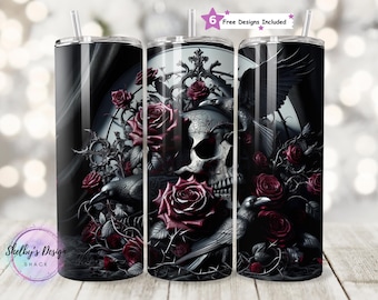 Gothic Skull & Rose 20oz Seamless Tumbler PNG, Raven Skull Dark Floral Sublimation Design, Dark Art Design, Digital Download