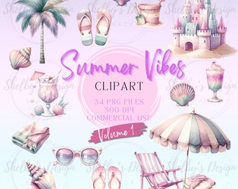 Summer Beach Volume 1 Watercolor Clipart Set, Vacation Clip Art, Boho Tropical Ocean Clip Art, Pink Coquette Style Bundle PNG Files