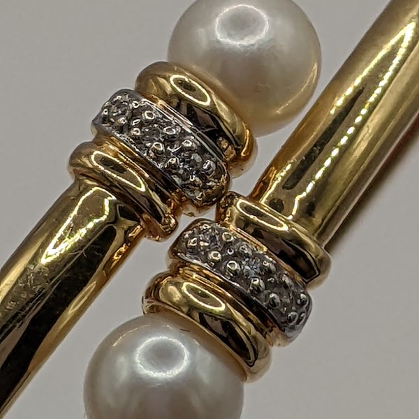 14k yellow gold pearl and diamond bypass cuff bangle bracelet