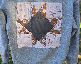 Sudadera con bloques de edredón reciclados - Cuello redondo Ohio Star gris jaspeado, talla pequeña
