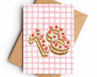 18th Birthday Card, Cake Illustration, Pink Gingham Greeting Card