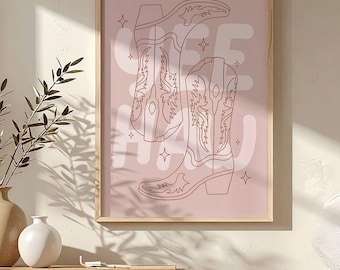 Pink Yee Haw Cowboy Boots Print: Western Art, Country Decor