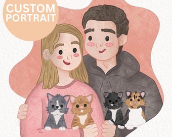 Custom Hand Drawn Portraits | Personalised Couple & Family Illustration - Digital File