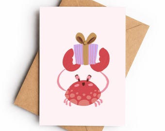 Crab Birthday Card, Whimsical Animal Greeting Card with Gift