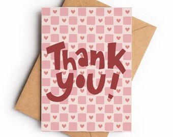 Pink Checkerboard Heart Thank You Card, Sweet Appreciation Greeting (A6)
