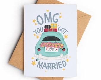 Just Married Wedding Card, Getaway Car Illustration, Congratulations Marriage Card