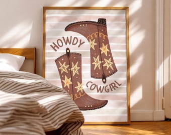 Howdy Cowgirl Boots Print, Western Wall Art, Cowboy Illustration, Country Decor