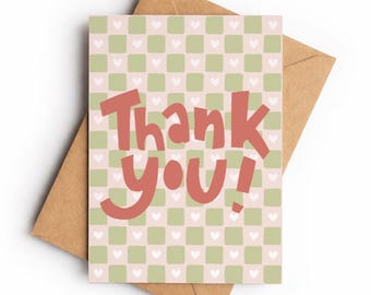 Green Checkerboard Heart Pattern Thank You Card, Modern Appreciation Greeting A6