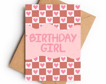 Birthday Girl Card, Pink Checkerboard Heart Design, Modern Greeting (A6)
