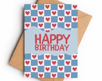 Blue Checkerboard Heart Birthday Card, Modern Pattern Greeting (A6)