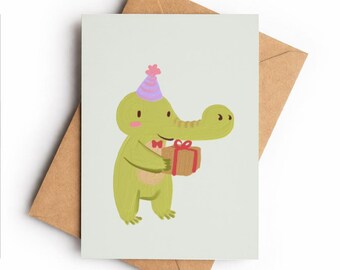 Playful Crocodile Birthday Card, Animal Gift, Kids Celebration (A6 Size)