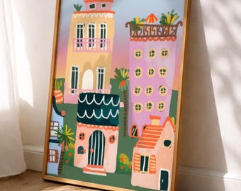Mediterranean Pastel Houses Art Print, Travel Inspired Cityscape Wall Art