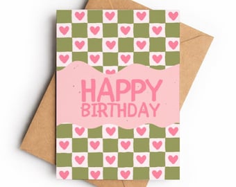 Green Checkerboard Heart Birthday Card, Modern Greeting (A6 Size)