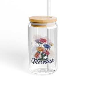 Birth Flower Coffee Cup With Name | November Birth flower Glass Cup With Lid And Straw, Bridesmaid Gift Birth Flower mug Wedding Party Favor
