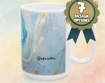 Personalized Marble Mug, Custom Name Coffee Cup, Blue and Gold Design, Gift for Her