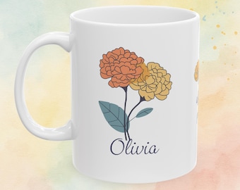 Marigold October Birth Flower Mug, Birthday Gift Coffee Cup
