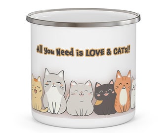 Cat camping mug | kawaii mug cat enamel mug | cute cat coffee mug | cat owner gift | cat lover enamel mug gift for cat lover | metal cat mug