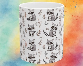 Retro Cartoon Raccoon Coffee Mug, Floral Cottagecore Design